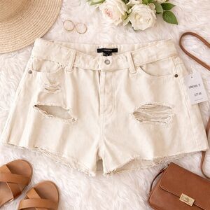 Forever 21 Cream Distressed Denim Shorts High Waist Raw Hem Size 31 NWT